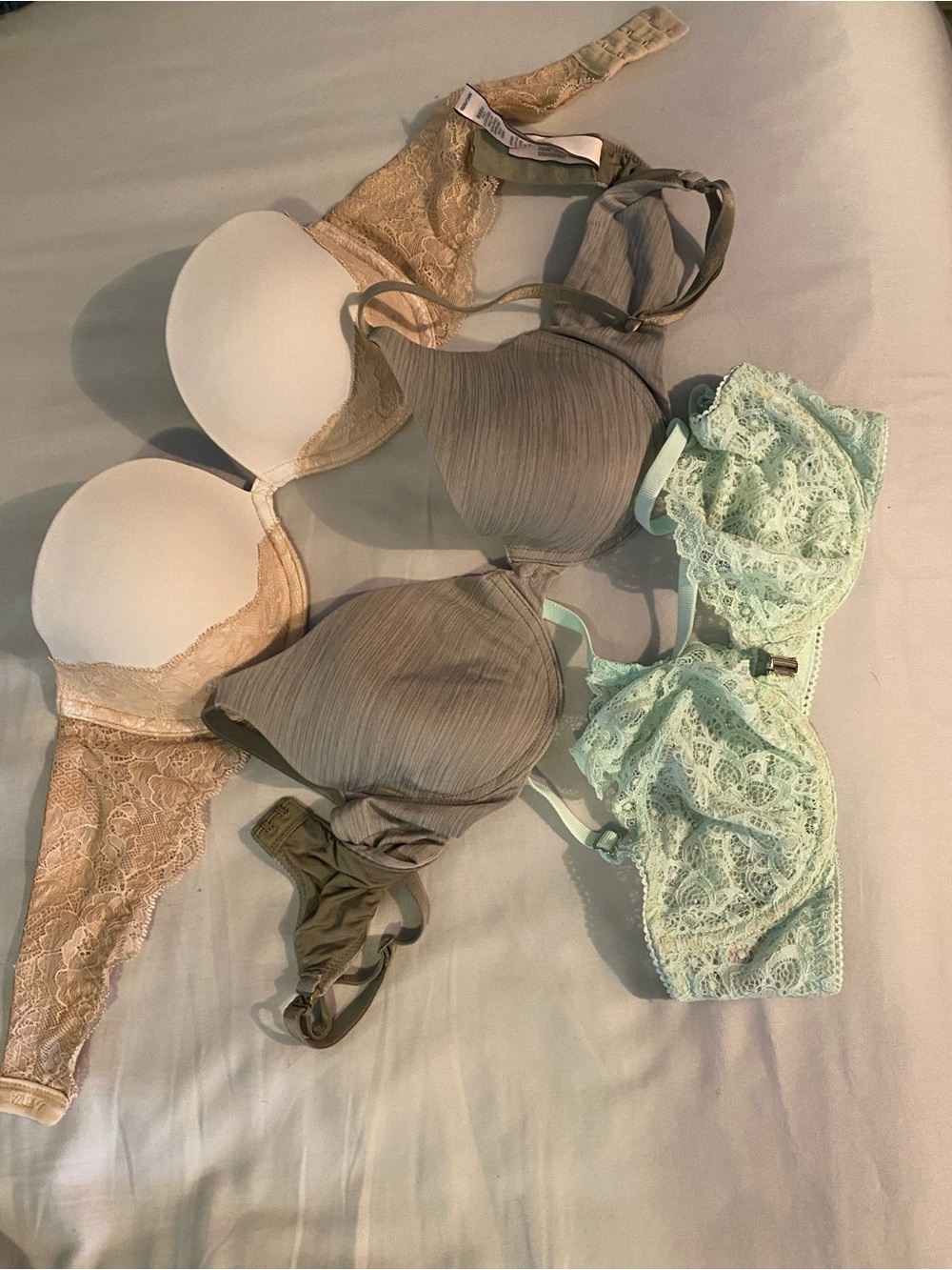 Victoria's Secret Taupe, Beige & Mint Lace Bra Trio
